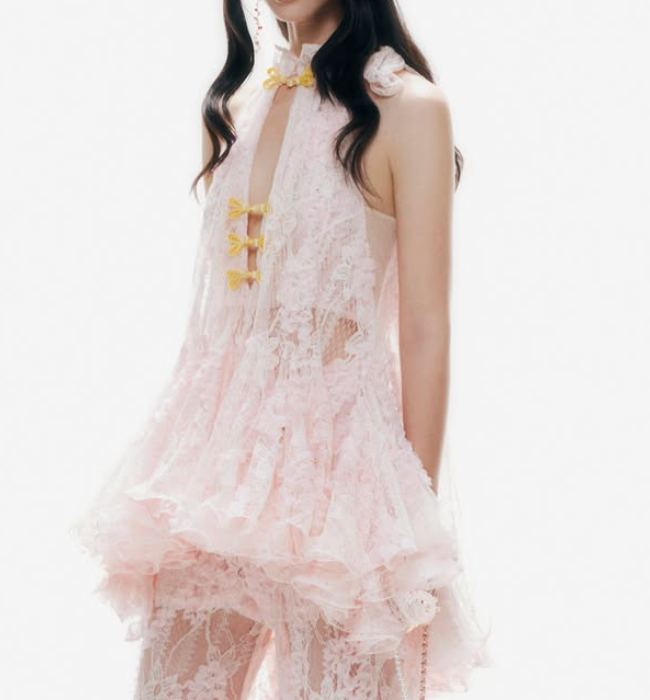 Pink Lace Cheongsam-Inspired 2-Piece Set