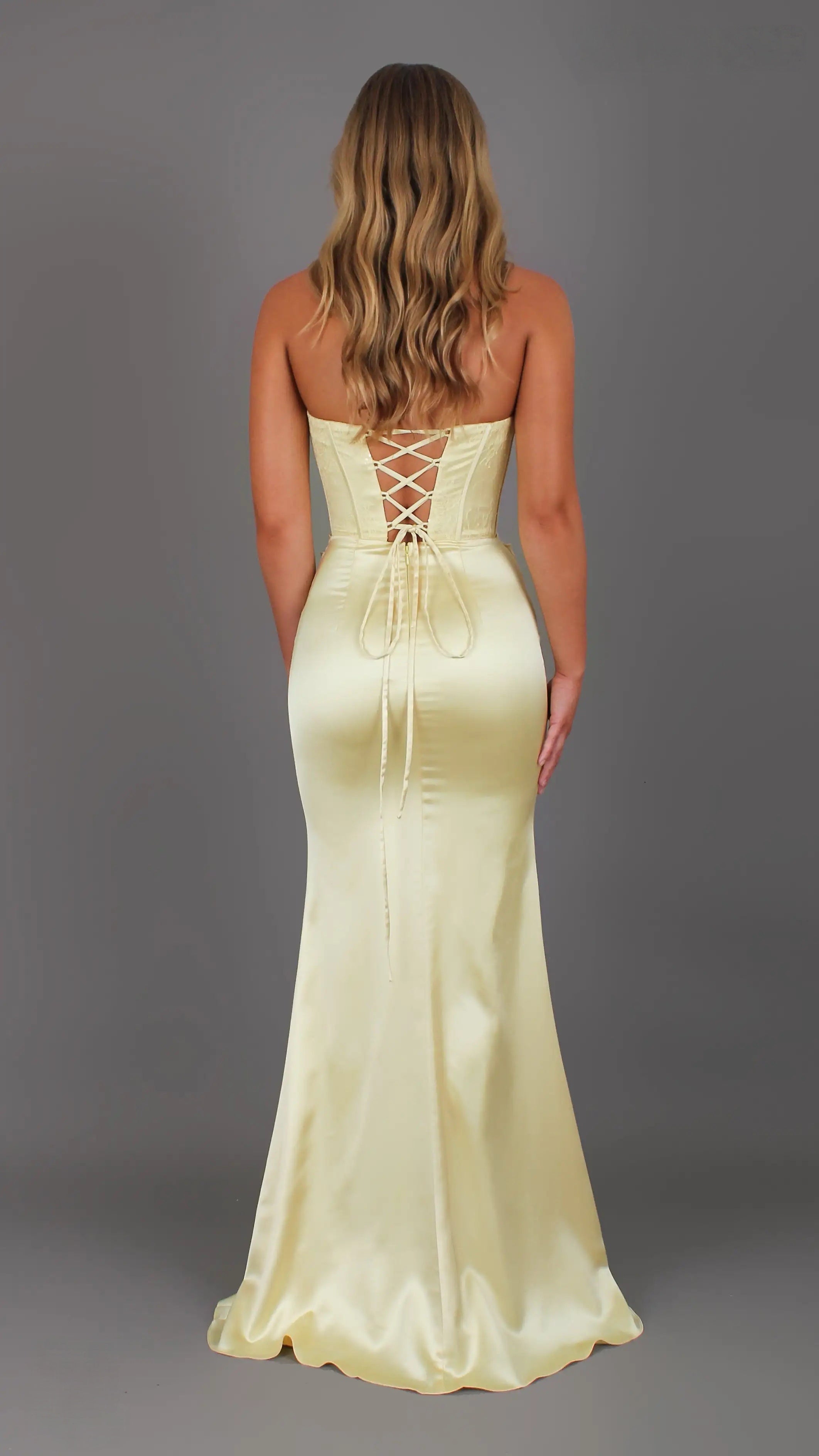Bella - Yellow Formal Dress, Strapless lace Corset, fitted pleated satin skirt