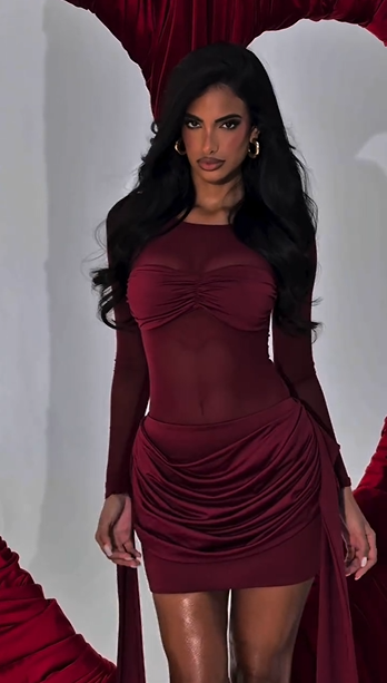 Burgundy Sheer Ruched Bust Draped Tie Waist Mini Dress