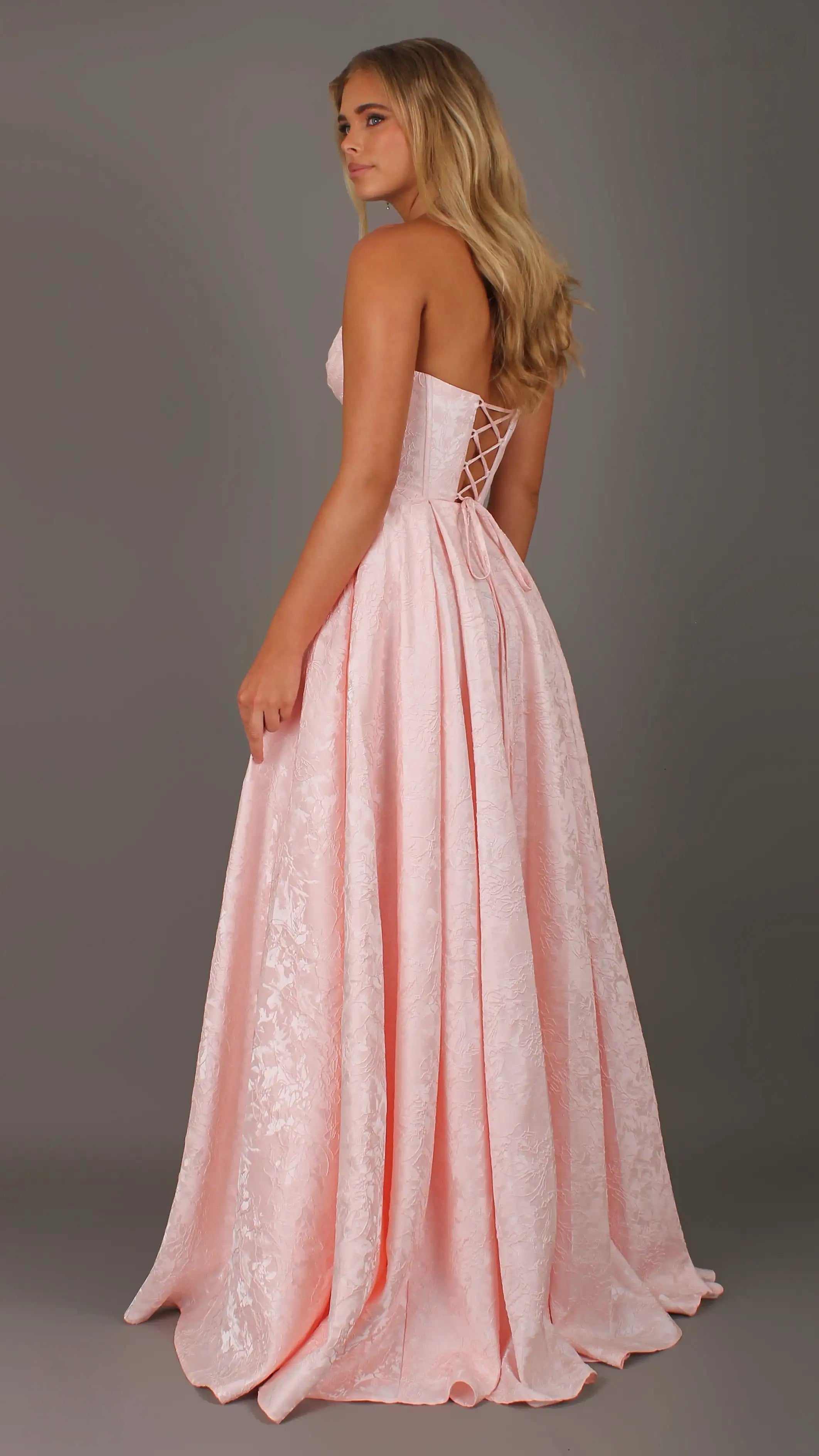 POSIE - Light pink Formal Dress, Strapless Basque waist Corset Beaded Bra Cups, Satin embossed floral Gown