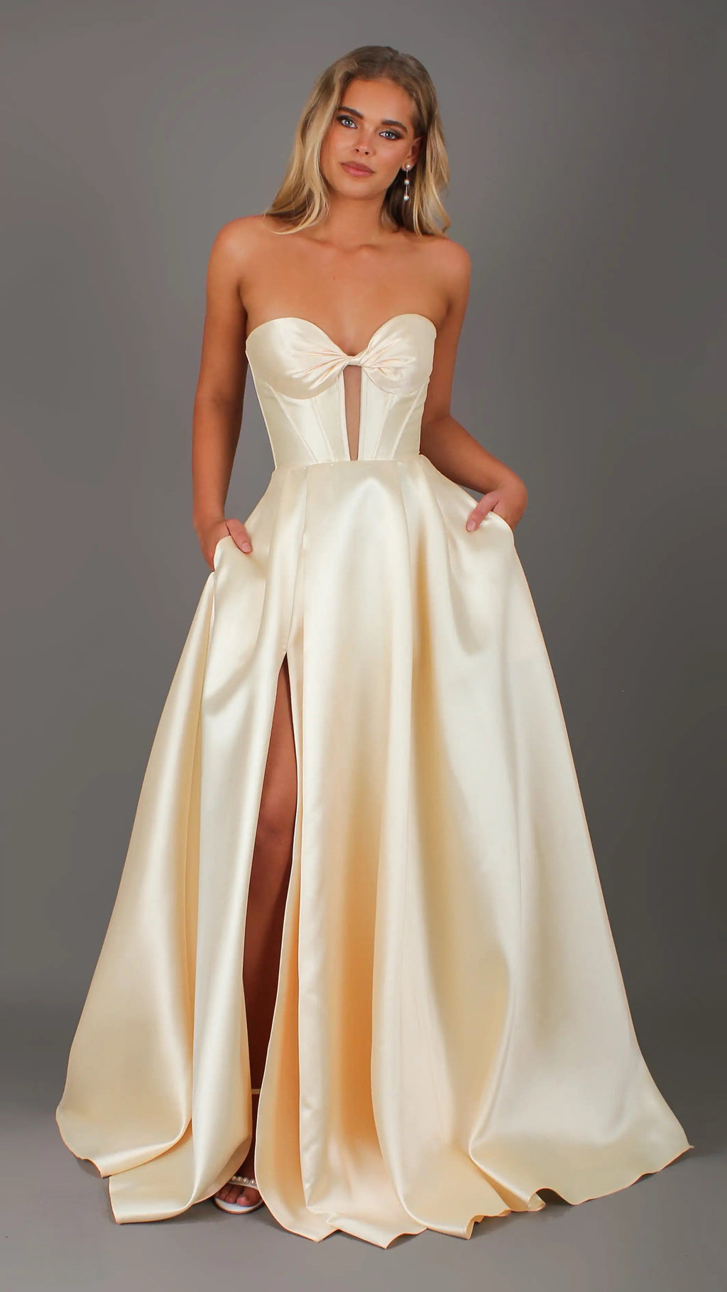 Madeleine - Butter Yellow formal Dress | Strapless twist corset Mikado satin ball gown