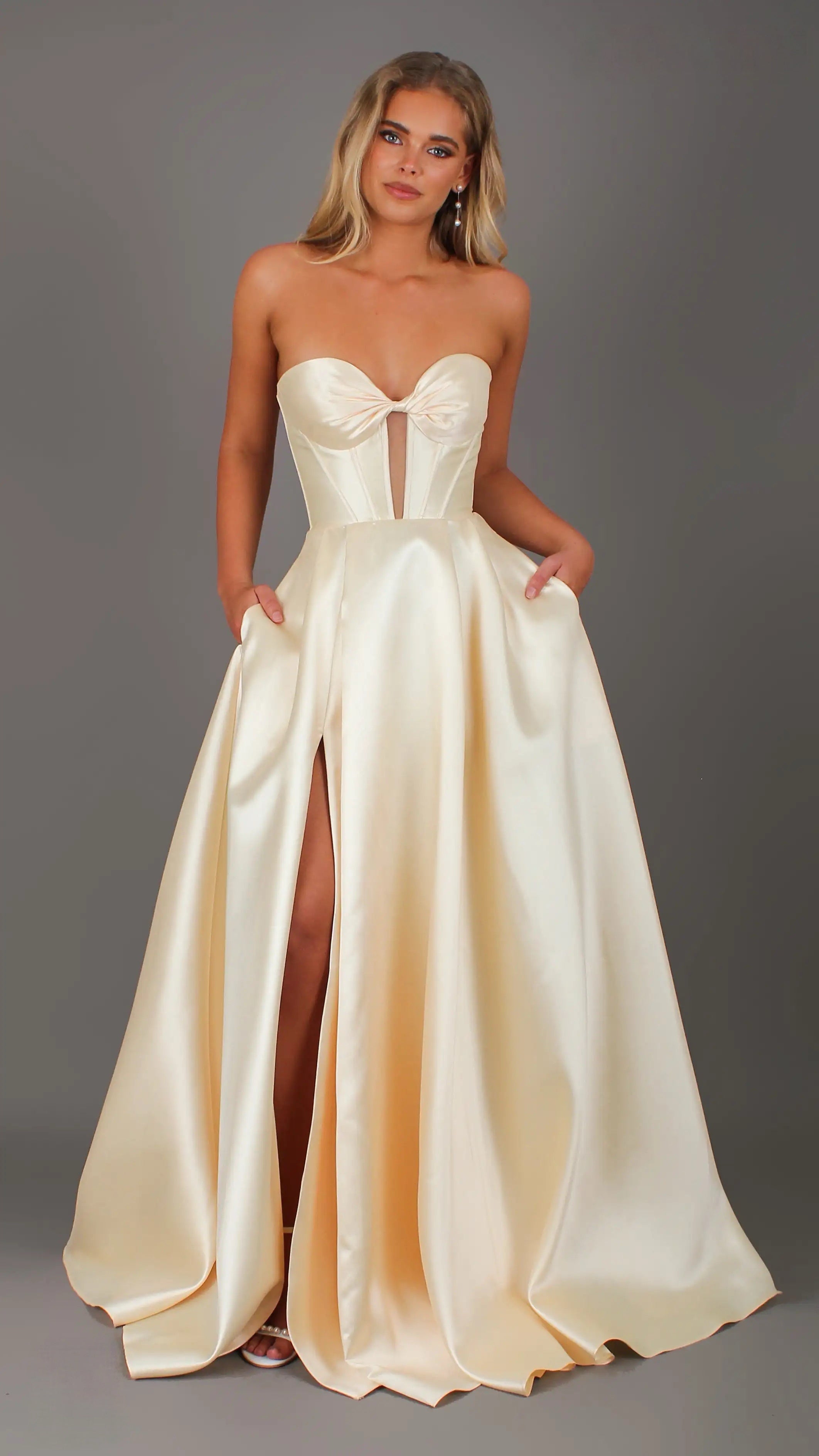 Madeleine - Butter Yellow formal Dress | Strapless twist corset Mikado satin ball gown