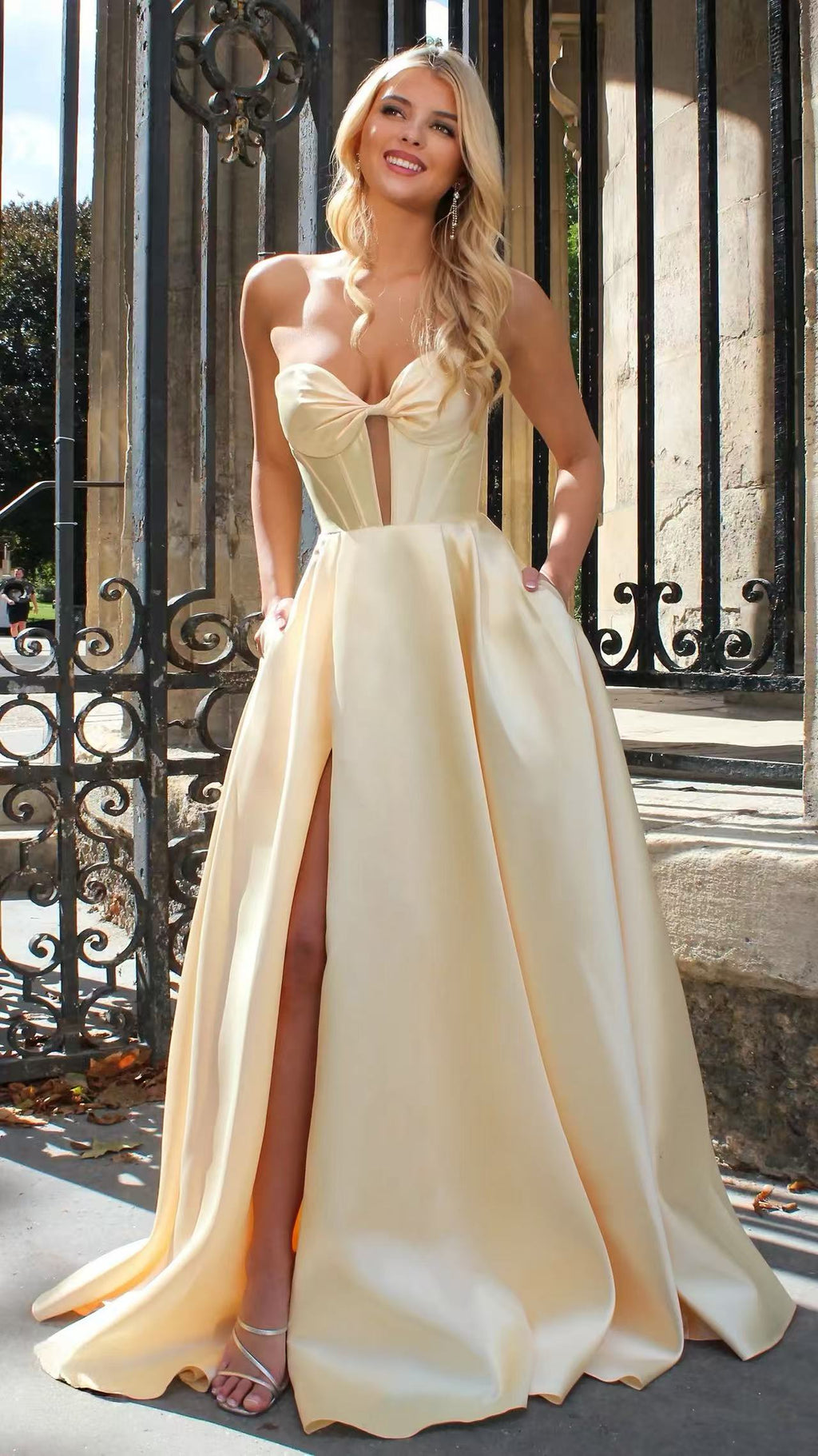 Madeleine - Butter Yellow formal Dress | Strapless twist corset Mikado satin ball gown