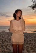 Vacation Style White Sequin Cutout Backless Knit Long-Sleeve Dress