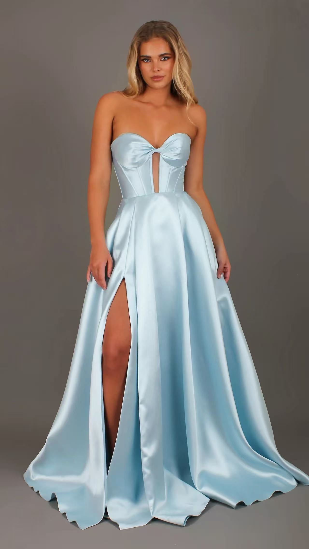 Madeleine - Light Blue formal Dress | Strapless twist corset Mikado satin ball gown