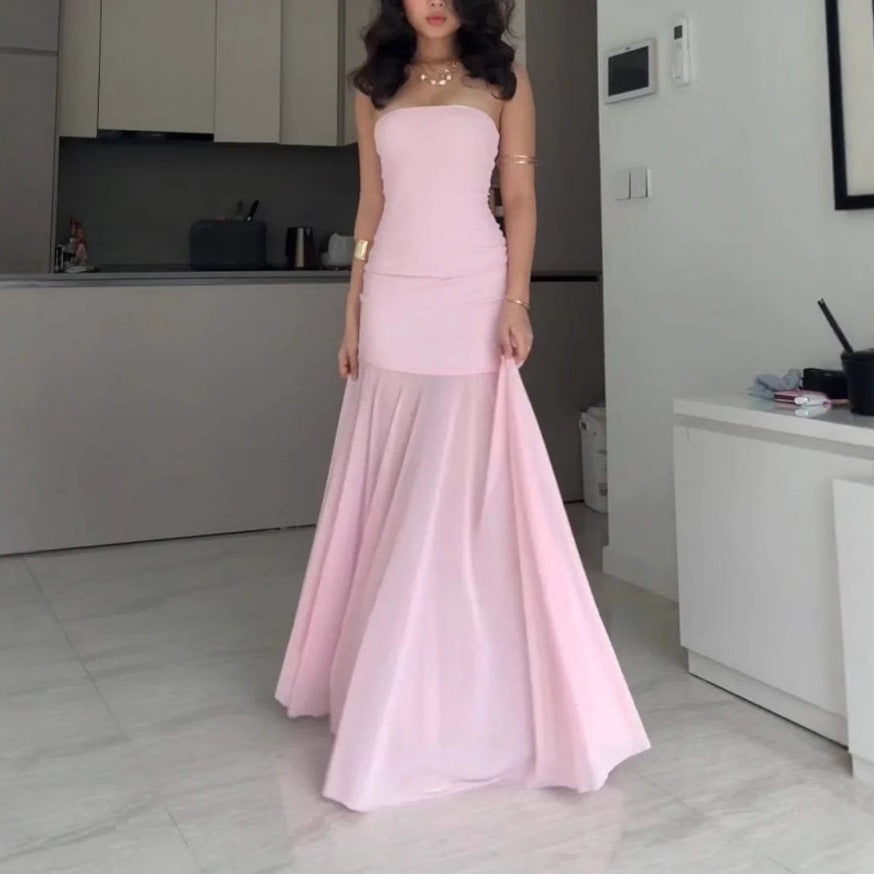 Sexy Tube Top Solid Color Chiffon Sleeveless Stitching Dress