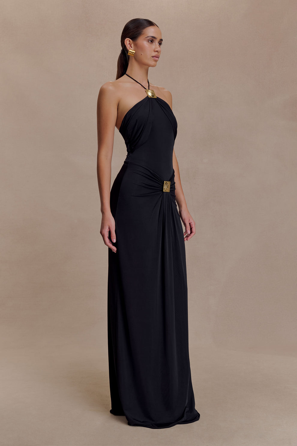 Black Gold Buckle Decor Halter Backless Waist-Fitted Draped Floor-Length Evening Gown