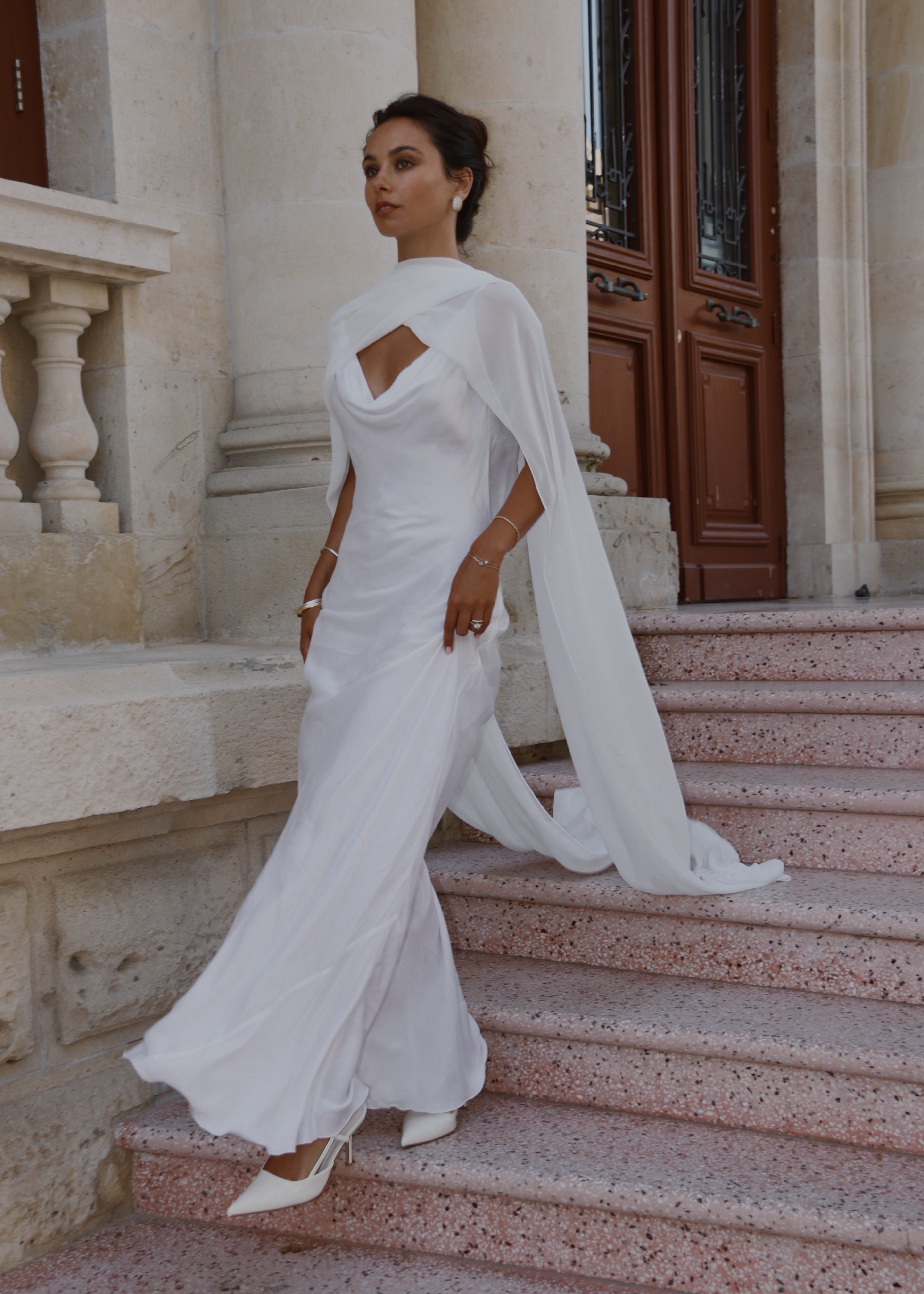 White Draped Cape Backless Maxi Gown