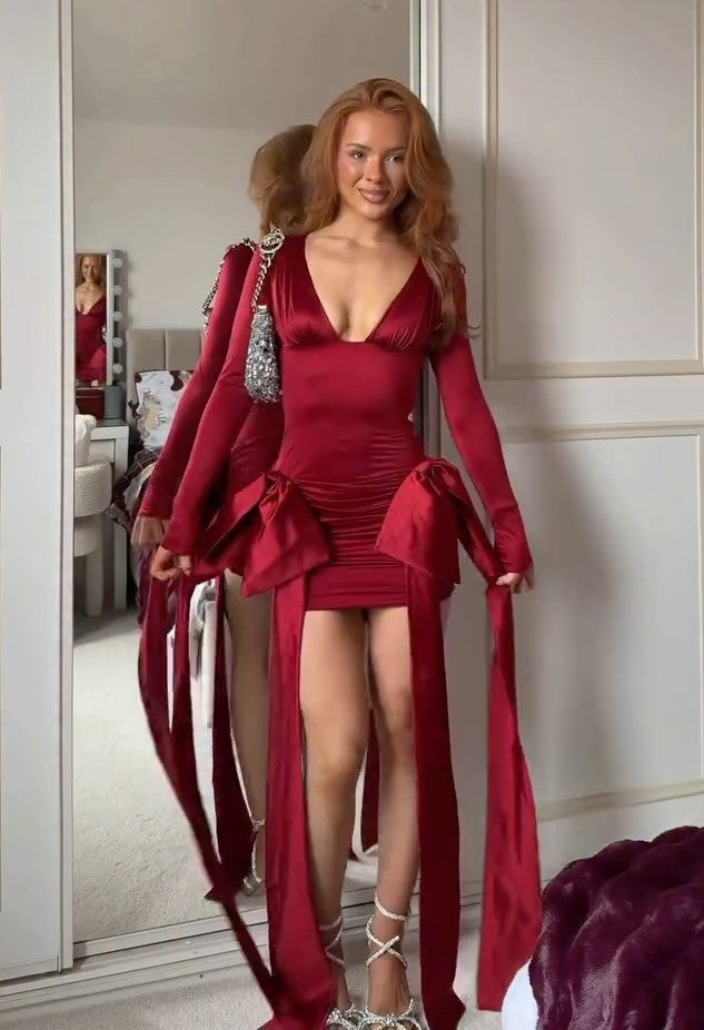 Sexy Long Sleeve Slim Low Cut Bow Mini Skirt