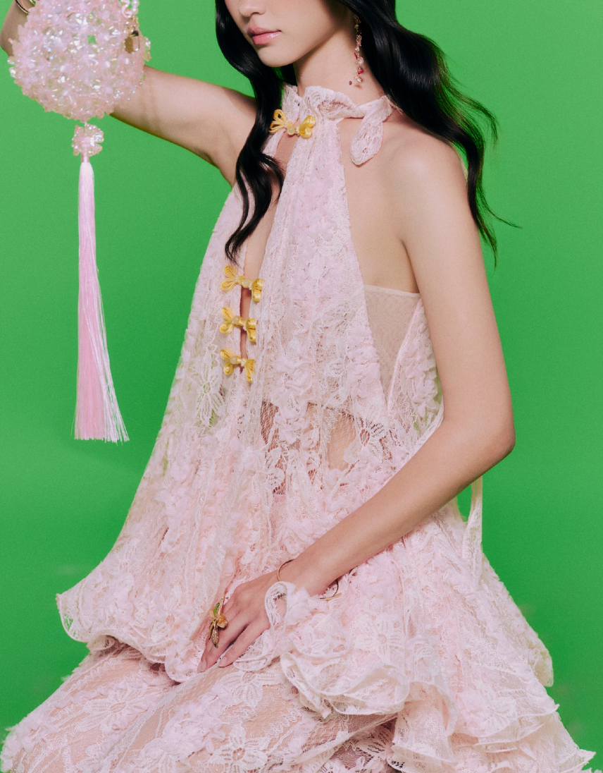 Pink Lace Cheongsam-Inspired 2-Piece Set