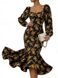 Black Golden Floral Sweetheart Neck Puff Sleeve Mermaid Midi Dress