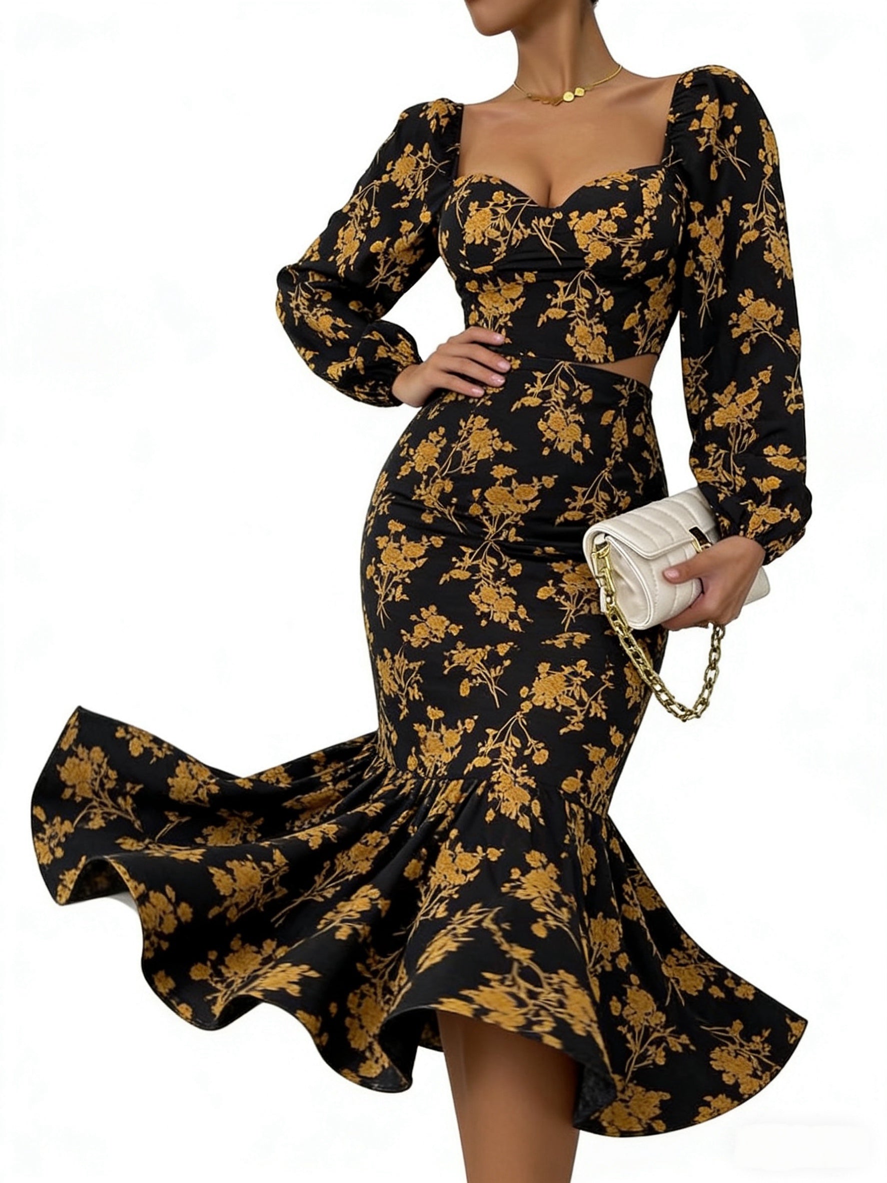 Black Golden Floral Sweetheart Neck Puff Sleeve Mermaid Midi Dress
