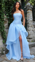 Daisy - Blue Formal Dress, Strapless Corset Drop-waist, organza layered handkerchief skirt, leg slit