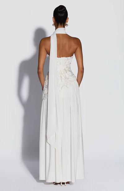 French Halter Neck Draped Strapless Slit Maxi Dress | Luxury Elegant 3D Flower Waist-Cinching Slimming Evening Gown