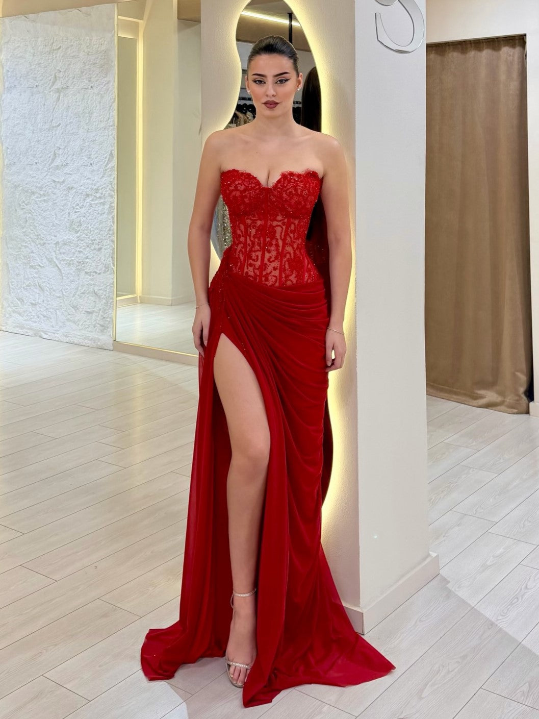 Red Lace Corset Strapless Slit Train Maxi Dress | Sexy Y2K Evening Gown