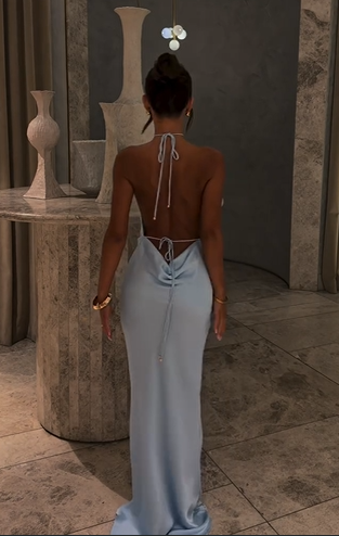 Sky Blue Satin Halter Maxi Gown with Floral Applique