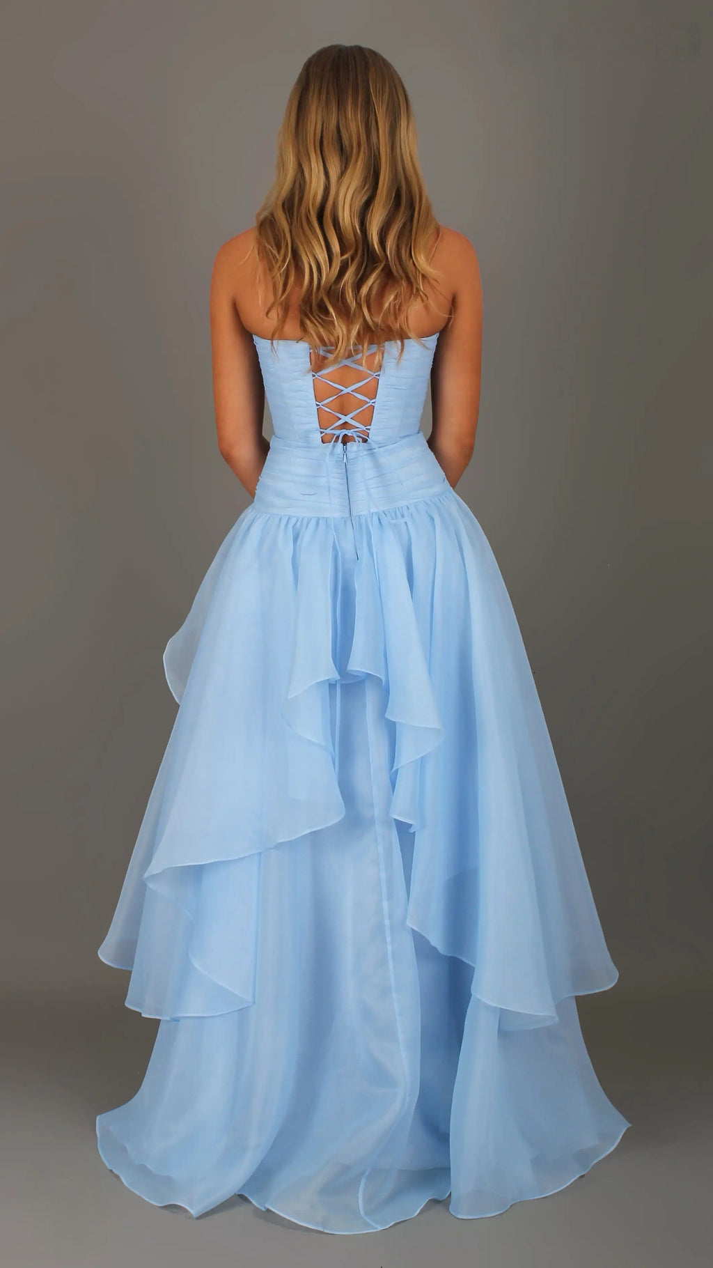 Daisy - Blue Formal Dress, Strapless Corset Drop-waist, organza layered handkerchief skirt, leg slit