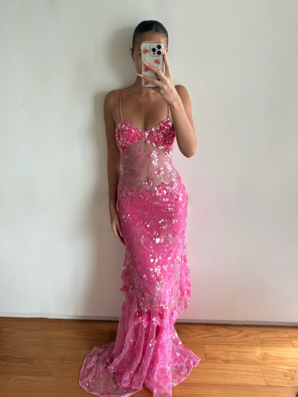 Pink Floral Sequin Sheer Mermaid Gown with Train