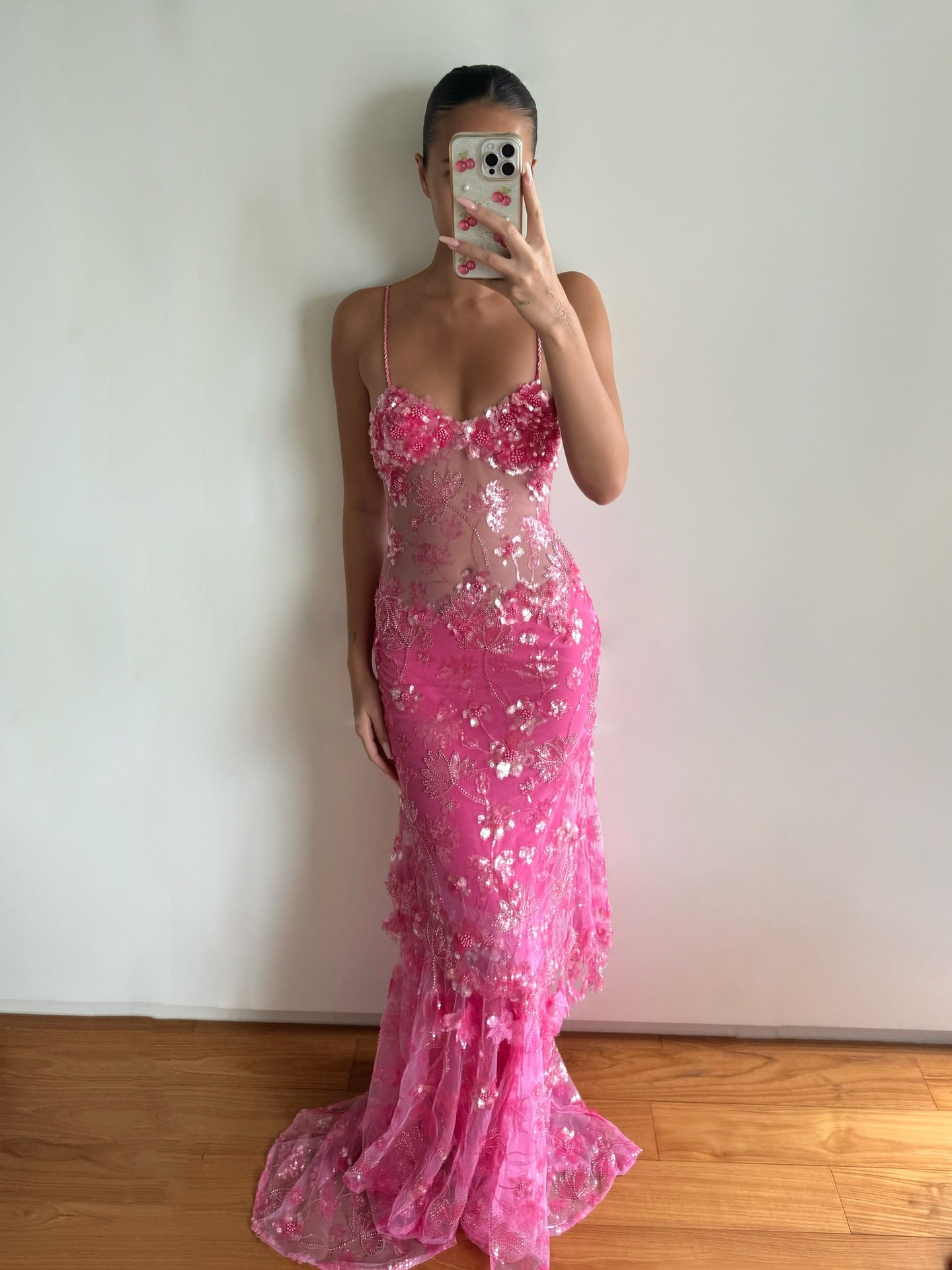 Pink Floral Sequin Sheer Mermaid Gown with Train