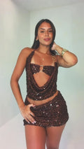 Party Style Dark Coffee Sequin Halterneck Cutout Crop Top + Mini Skirt Set