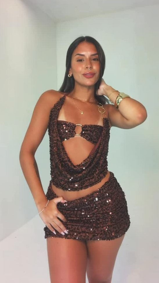 Party Style Dark Coffee Sequin Halterneck Cutout Crop Top + Mini Skirt Set