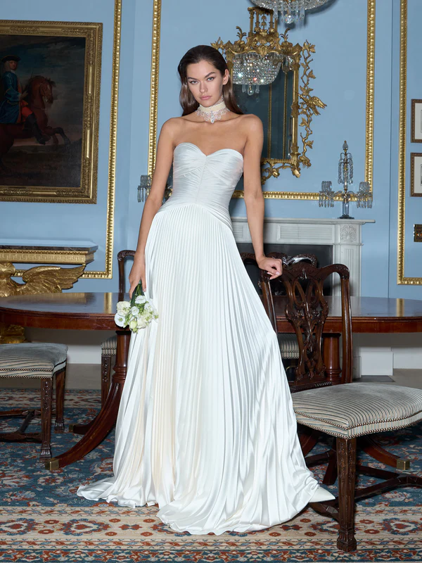 Socialite Style White Strapless Satin Pleated Waist-Cinched Maxi Dress