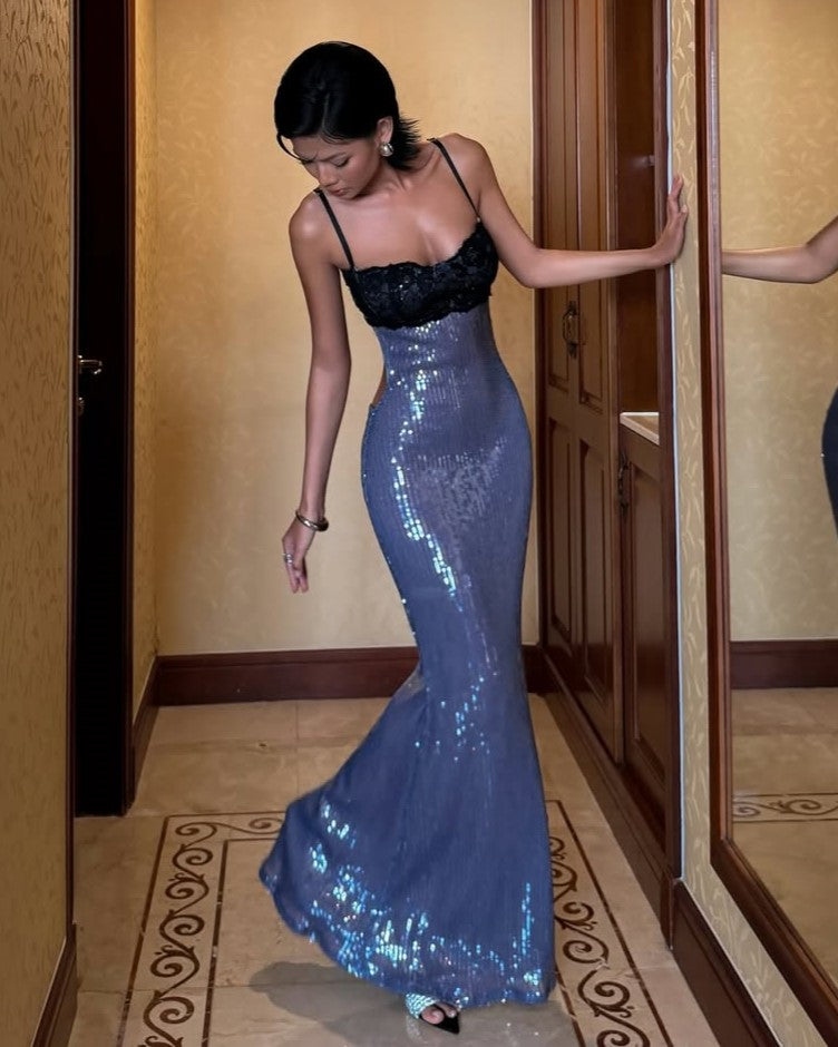 Black Lace & Blue Sequin Mermaid Maxi Gown