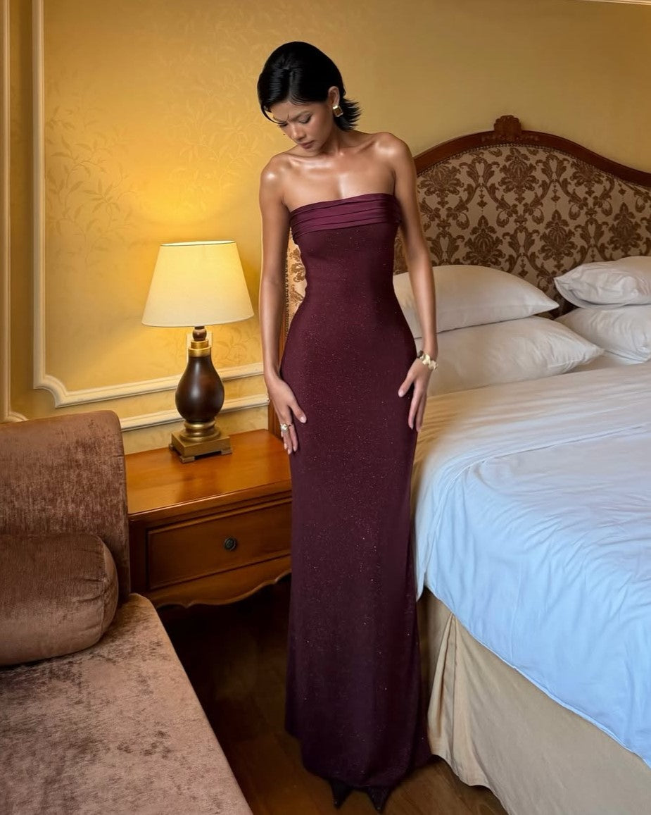 Burgundy Strapless Ruched Waist Sequin Bodycon Evening Maxi Dress