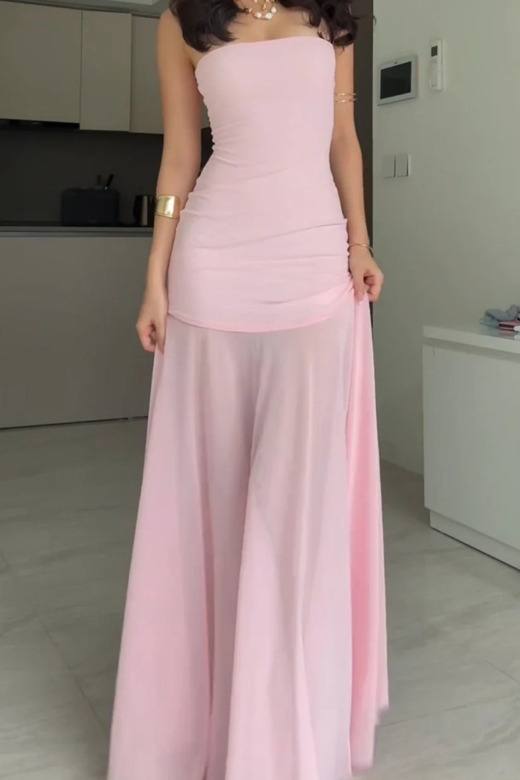 Sexy Tube Top Solid Color Chiffon Sleeveless Stitching Dress