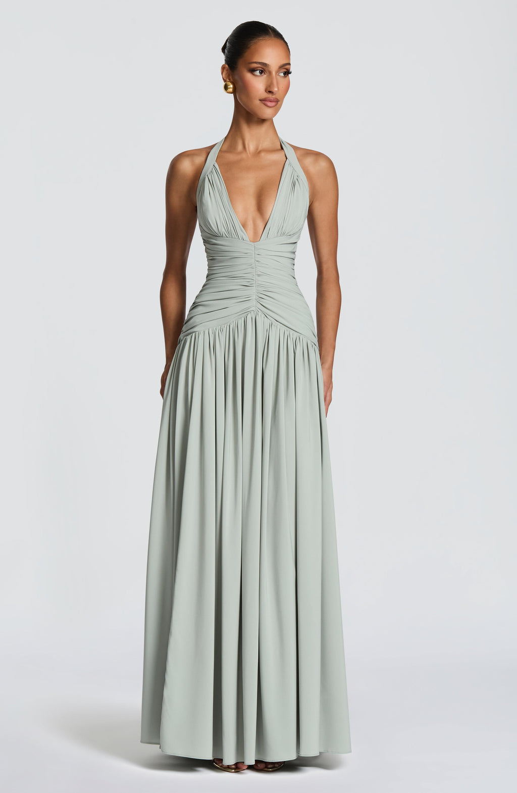 Sage Halter Ruched Waist Maxi Dress
