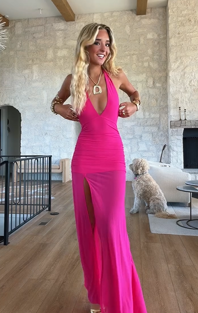 Sexy Halter Deep V Neck Solid Color Slit Dress