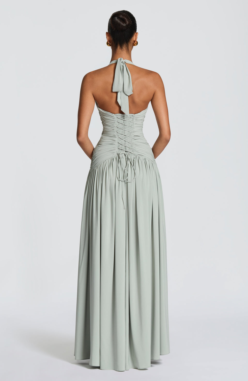 Sage Halter Ruched Waist Maxi Dress