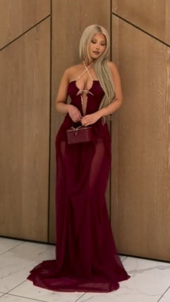 Burgundy Sheer Chiffon Halter Maxi Gown