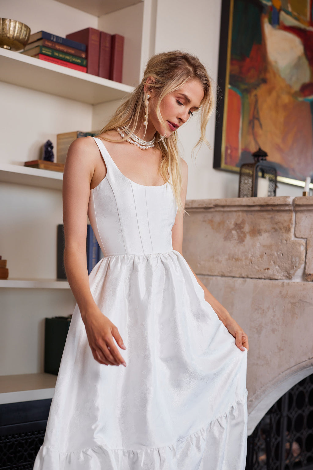 The Avery Dress in White Windsor Brocade
