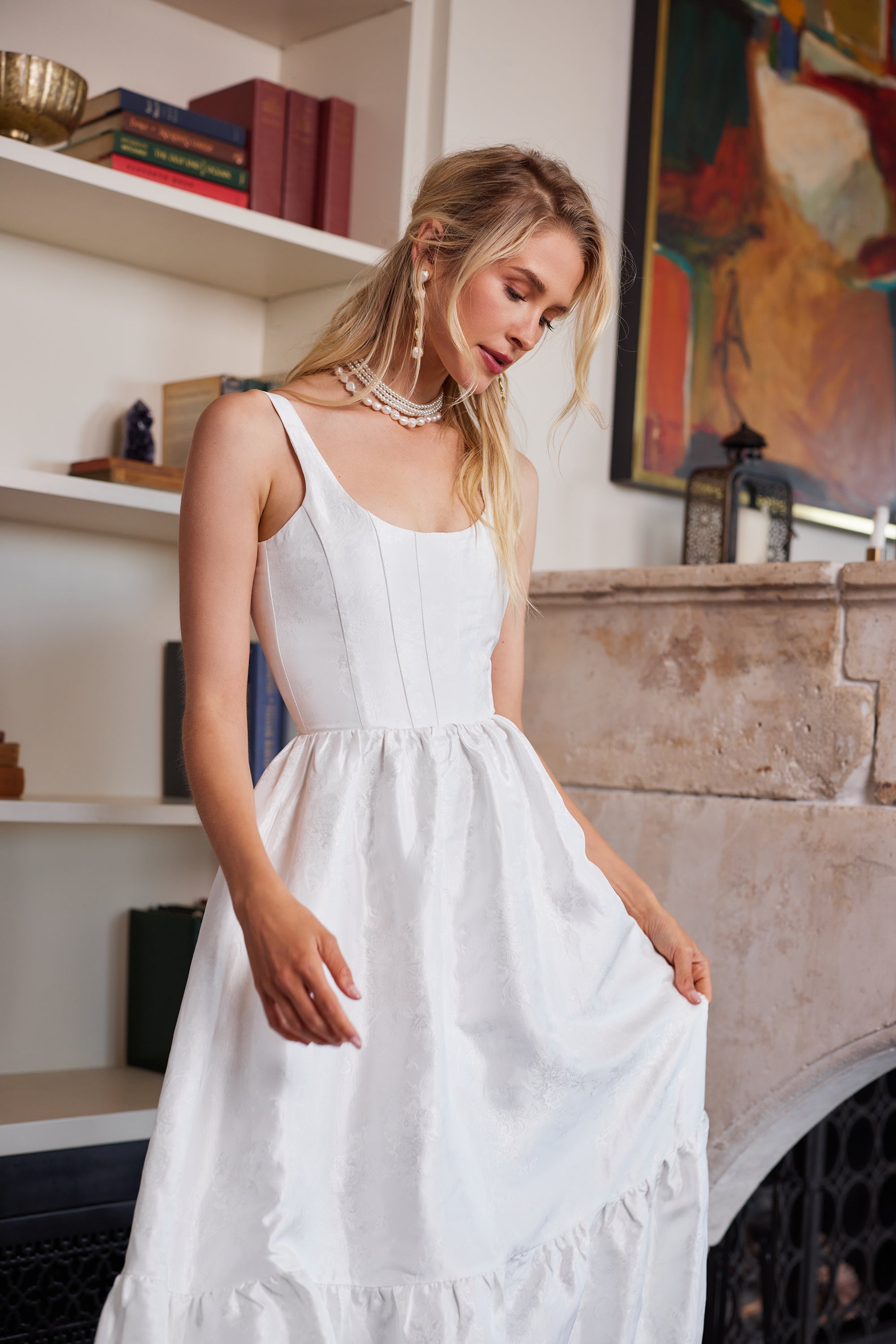 The Avery Dress in White Windsor Brocade