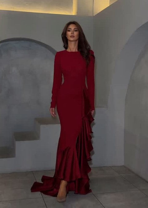 Sexy Solid Color Long Sleeve Slim Fit Ruffled Dress