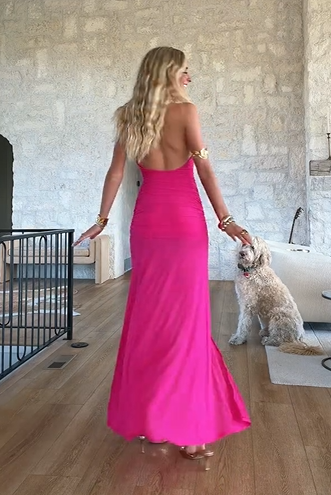 Sexy Halter Deep V Neck Solid Color Slit Dress