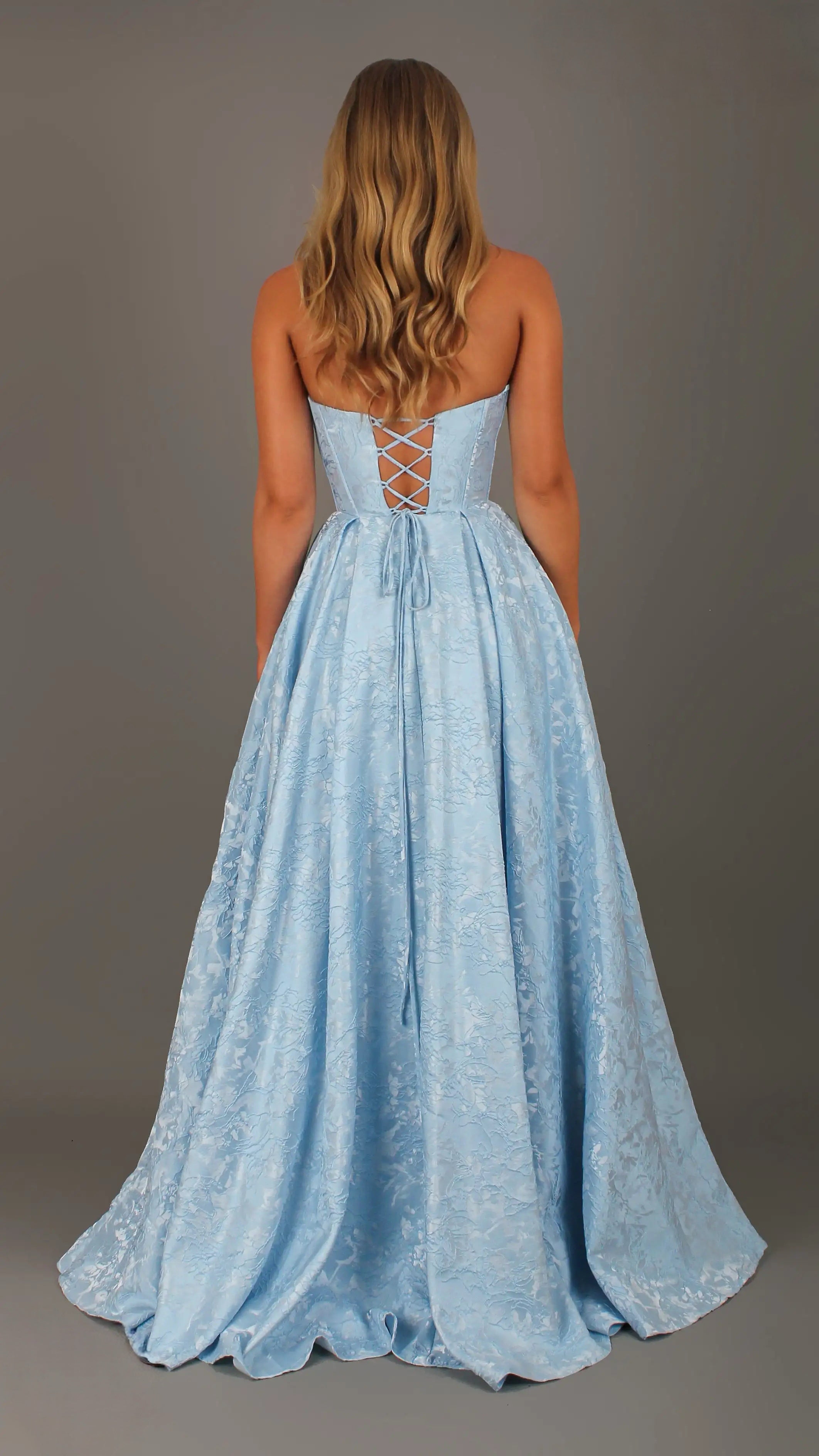 POSIE - Light Blue Formal Dress, Strapless Basque waist Corset, Bra Cups, Satin embossed floral Gown