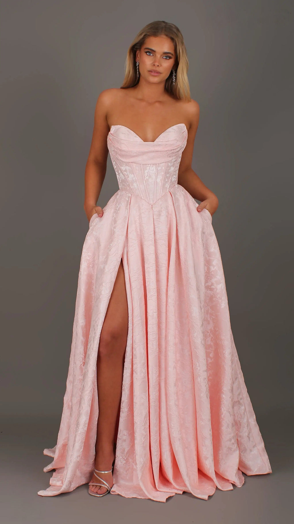 POSIE - Light pink Formal Dress, Strapless Basque waist Corset Beaded Bra Cups, Satin embossed floral Gown