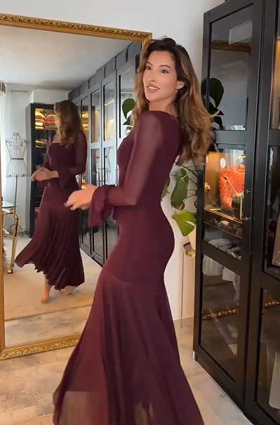 Sexy Elegant U-Neck Stitching Long-Sleeved Dress