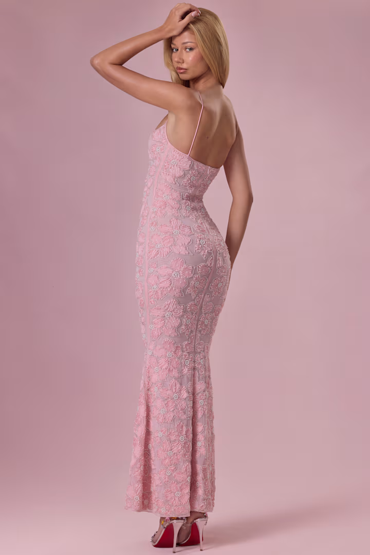 Women's Pink Floral Embroidered Mesh Mermaid Maxi Dress - Spaghetti Strap Backless Evening Gown