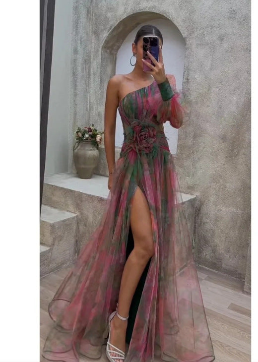 Sexy Oblique Shoulder One-Shoulder Long Sleeve Floral Yarn Dress