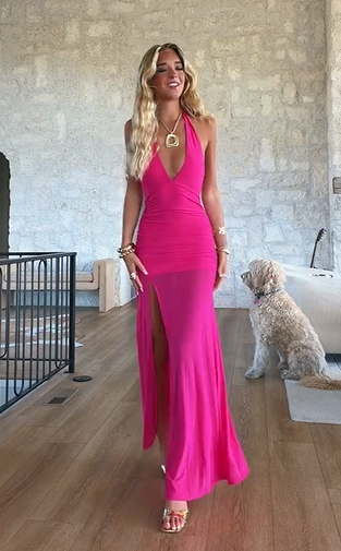 Sexy Halter Deep V Neck Solid Color Slit Dress