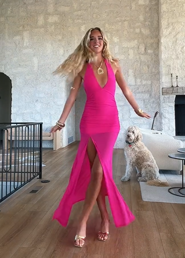 Sexy Halter Deep V Neck Solid Color Slit Dress