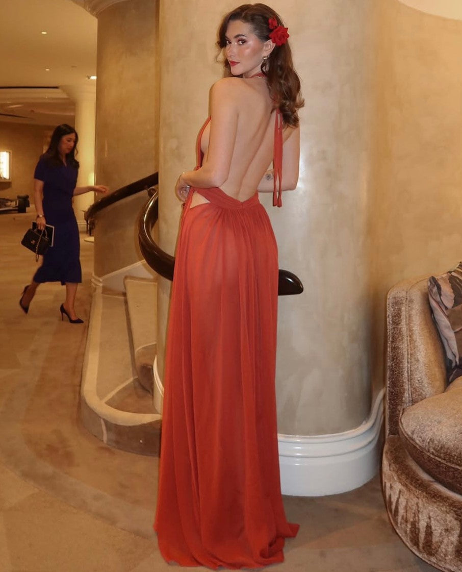 Sexy Halter Deep V-neck Backless Solid Color Dress