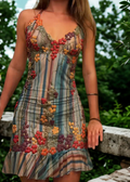 Halter Deep V Flower Vertical Stripes Colorful Mini Skirt
