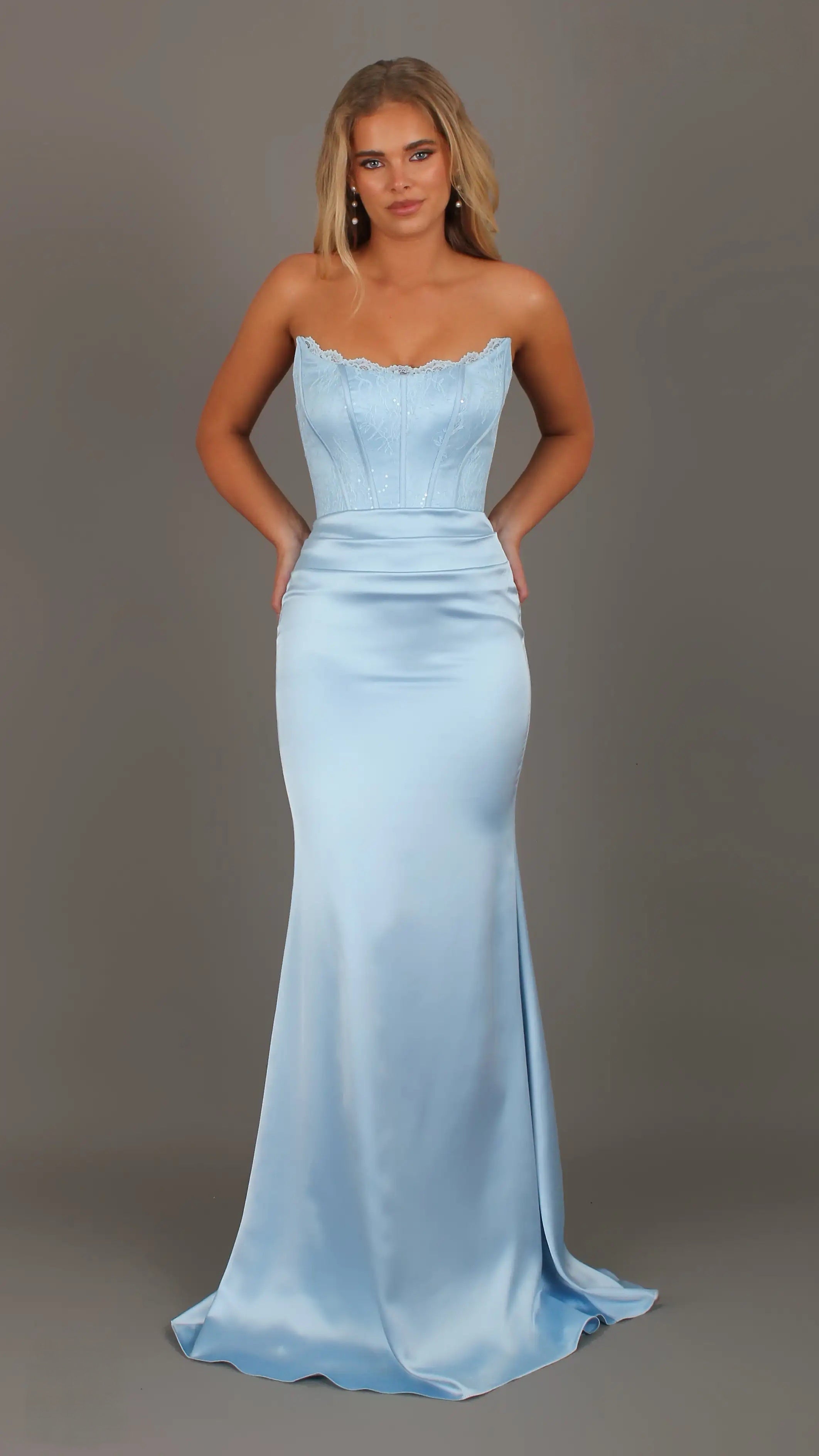 Bella - Light Blue Formal Dress, Strapless lace Corset, fitted pleated satin skirt