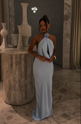 Sky Blue Satin Halter Maxi Gown with Floral Applique