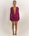 Gentle Style Magenta Deep V Draped Neck Ruched Bodycon Dress