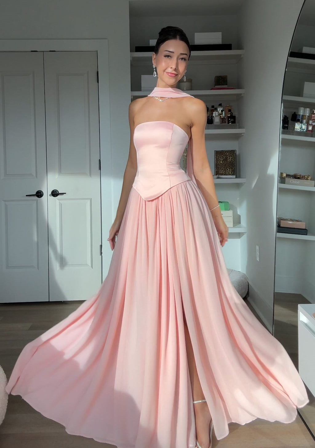 Sexy Tube Top Stitching Solid Color Graceful Pleated Skirt